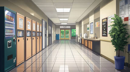 School hallway, corridor interior with lockers, vending machine and litter bin, sink, schedule board and plant on tiled floor. College campus hall or university lobby, Cartoon vector illustration