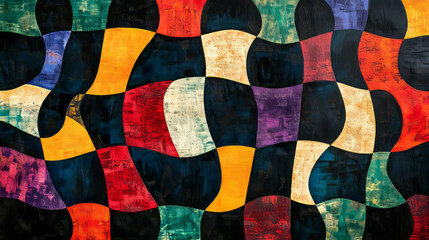 Vibrant abstract background with checkerboard patterns and wavy lines for creative design use