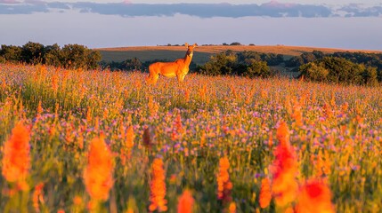 Deer in sunset wildflowers, hill background, nature scene, stock photo