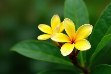 Fototapeta premium Yellow frangipani blooms on a green leaf stem, bloom, flowers, yellow flower