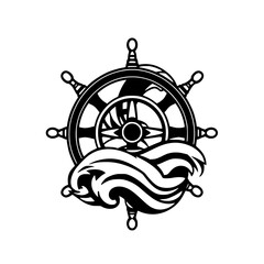 Classic monochrome illustration featuring ship's wheel with the rudder and waves