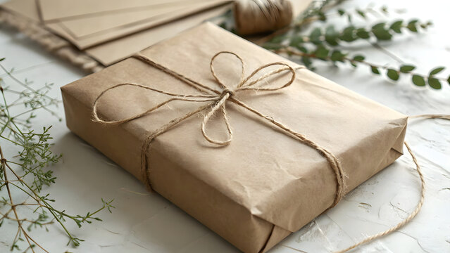 A brown paper package tied with string, showcasing its rustic charm and simplicity