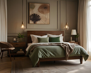 Fototapeta premium Cozy Wooden Bedroom with Elegant Decor
