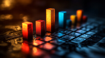 A neon glowing bar graph rises on a dark reflective surface symbolizing growth progress innovation and success in technology business and finance conveying futuristic and dynamic advancement
