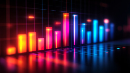 A neon glowing bar graph rises on a dark reflective surface symbolizing growth progress innovation and success in technology business and finance conveying futuristic and dynamic advancement