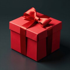 Obraz premium Luxurious red gift box, crimson ribbon shaped as a cupid's bow , satin, detail