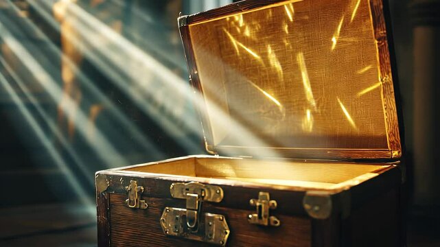 Golden treasure chest with light shining from the dark background. Dark background with dark chest open. A room with a beam of light on the floor. A golden treasure chest lifestyle illuminated by.