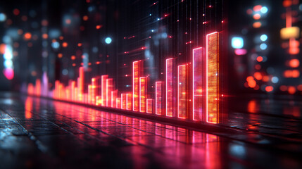 A neon glowing bar graph rises on a dark reflective surface symbolizing growth progress innovation and success in technology business and finance conveying futuristic and dynamic advancement
