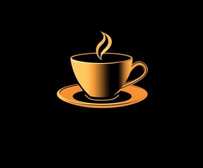 Obraz premium Stylish golden coffee cup design with steam on black background
