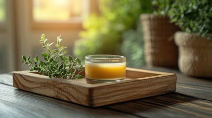 Fresh Herbal Candle on Wooden Tray with Green Plant in Cozy Natural Light Setting