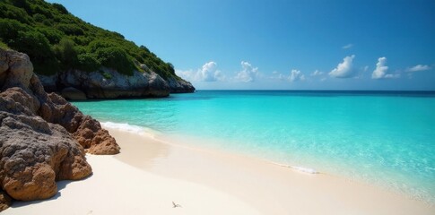 Fototapeta premium Secluded cove, powdery sand, crystal-clear water, vibrant coral , tropical flora, peaceful, coral reef