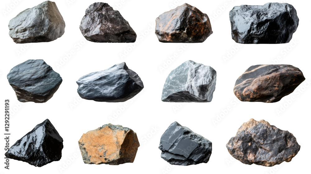Poster Set of twelve different rocks isolated on transparent background, ideal for photo editing and compositing