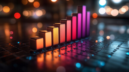 A neon glowing bar graph rises on a dark reflective surface symbolizing growth progress innovation and success in technology business and finance conveying futuristic and dynamic advancement