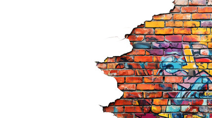 Colorful graffiti bursting through weathered brick wall, revealing vibrant street art urban texture against transparent backdrop