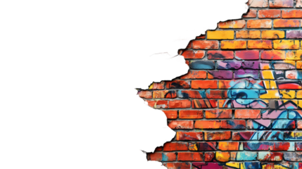 Colorful graffiti bursting through weathered brick wall, revealing vibrant street art urban texture against transparent backdrop