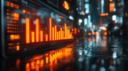 A neon glowing bar graph rises on a dark reflective surface symbolizing growth progress innovation and success in technology business and finance conveying futuristic and dynamic advancement