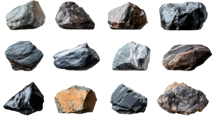 Set of twelve different rocks isolated on transparent background, ideal for photo editing and compositing