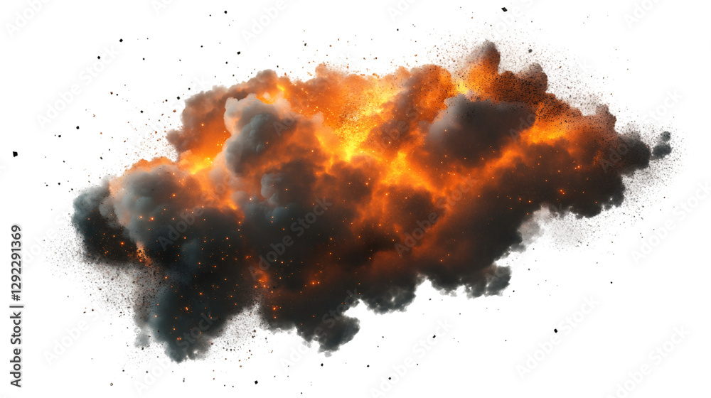 Poster Fiery explosion with intense sparks and dense smoke, transparent background, dynamic visual effect for motion graphics design