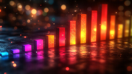 A neon glowing bar graph rises on a dark reflective surface symbolizing growth progress innovation and success in technology business and finance conveying futuristic and dynamic advancement