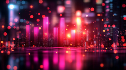 A neon glowing bar graph rises on a dark reflective surface symbolizing growth progress innovation and success in technology business and finance conveying futuristic and dynamic advancement