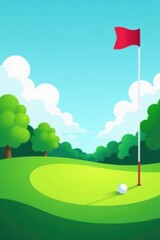 Abstract golf course illustration Green field, red flag, white ball, vector art , hole, putting