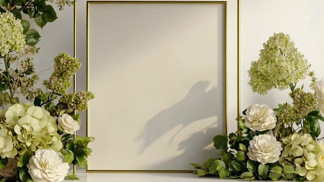 White flowers and gold frame. Bouquet of white flowers in a frame. A wall glares with a light. White blossoms and a golden border lifestyle.