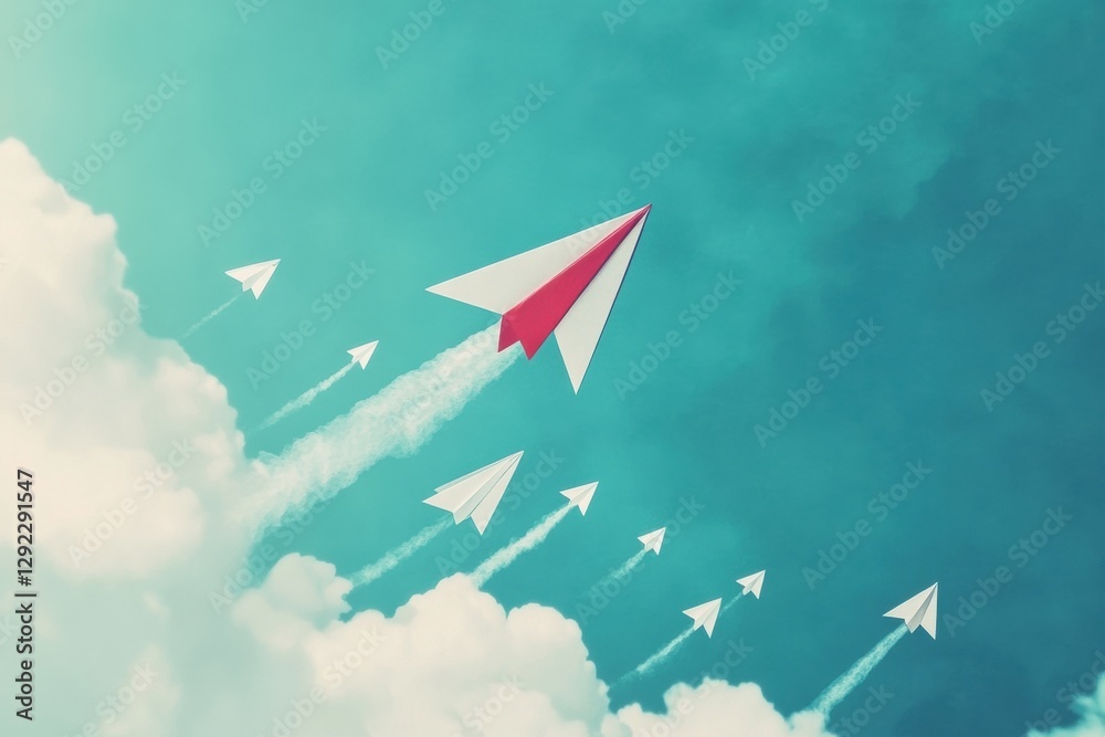 Poster red and white airplane leads a formation of paper planes in a clear blue sky. generative ai