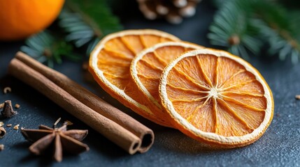 Fototapeta premium Dried Orange Slices with Cinnamon Sticks and Spices on a Dark Background for Holiday Decor