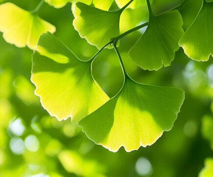 Close-up brightly green leaves of Ginkgo tree (Ginkgo biloba)
