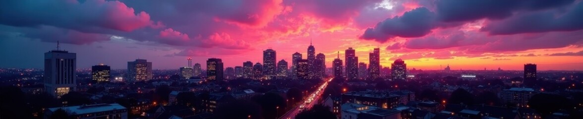 Fototapeta premium Dramatic Manchester dusk, cityscape with vibrant sky, architectural detail, detail, image, evening