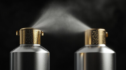 Spray, mist splash from aerosol bottle. Vector realistic illustration of 3d silver and gold atomizer can with jet of water, deodorant, insecticide or hairspray isolated on black background