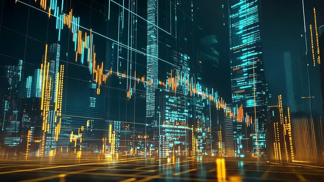 A digital landscape depicting data visualization and financial trends in a futuristic setting.