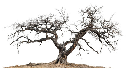 Barren tree with gnarled branches and exposed roots rising from parched earth, symbolizing desolation against transparent backdrop