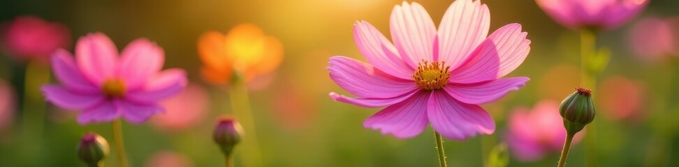 Obraz premium Delicate cosmos petals unfurl in sunny garden setting , plant, texture, floral