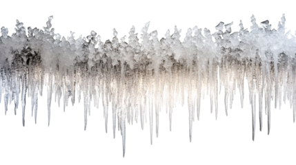 Sharp icicles hanging down from a snowy roof against transparent background, creating a beautiful winter scene
