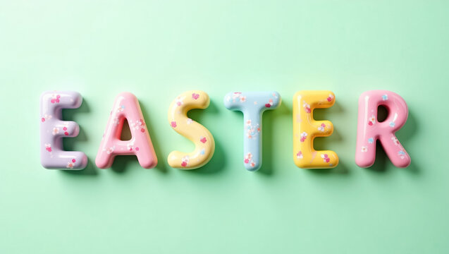 Colorful letters spelling Easter are arranged against a green backdrop. Each letter has a unique pastel shade with decorative accents
