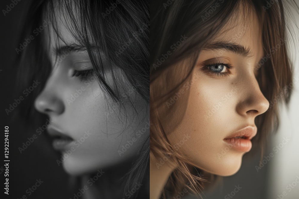 Poster mood transformation contrast from sadness to joy, showcasing an expressive journey through two emoti