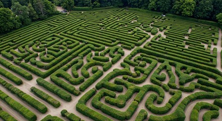 Aerial view of a labyrinth garden with intricate hedge designs and pathways