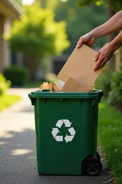Flattened cardboard being sorted into a recycling bin in a driveway , sustainable, cleanliness, household
