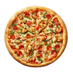 top view of a pizza with peperoni isolated on white background