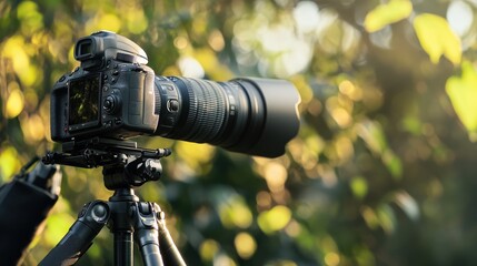 A professional camera on a tripod capturing nature in soft sunlight among lush greenery
