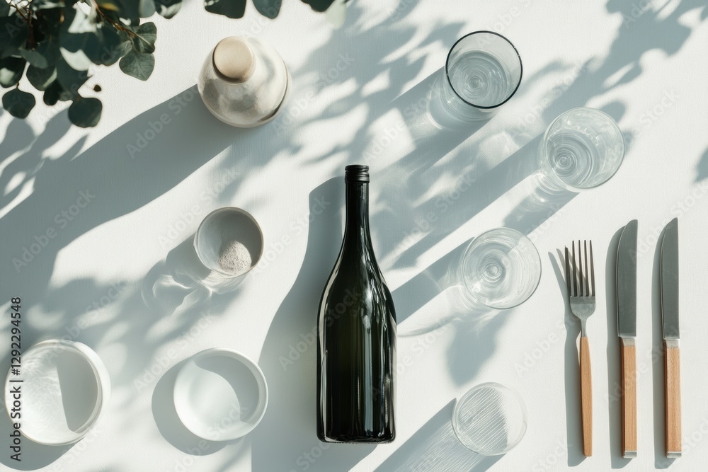 Poster arrangement of dining utensils and glassware with a wine bottle on a white table during daylight. ge