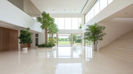 Modern Office Lobby with Plants and Outdoor View
