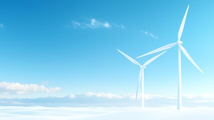 Two-white-wind-turbines-on-a-snowy-landscape-under-a-clear-blue-sky-with-wispy-clouds-in-the-distance