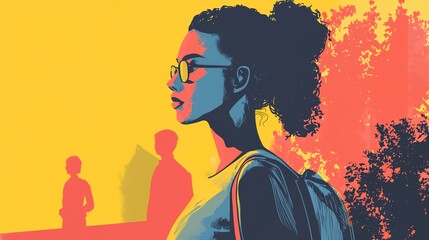 A woman wearing glasses and a backpack is walking down a street