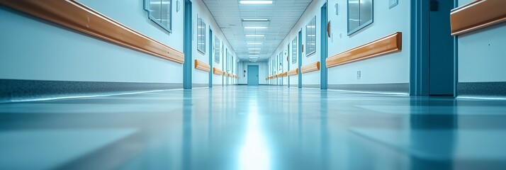 A long hallway with a blue floor and orange walls