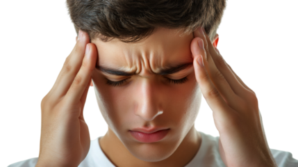 Close-up of stressed young man suffering from headache, touching his temples with fingers, isolated on transparent background