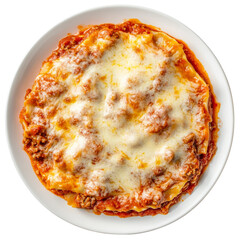 top view of a plate of lasagna with layers of meat sauce and cheese, isolated on white background