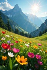 Sunlit alpine meadow bursting with wildflowers, colorful, flowers