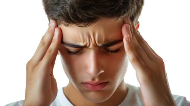 Close-up of stressed young man suffering from headache, touching his temples with fingers, isolated on transparent background